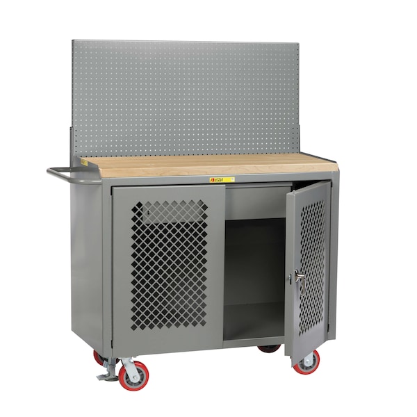 Mobile Bench, Perf Doors, 36"W, HD Drawer, Pegboard, Butcher Block